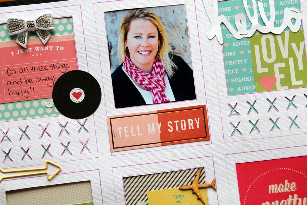 Tell My Story, Close-up Detail: a layout featuring American Crafts Shimelle collection.